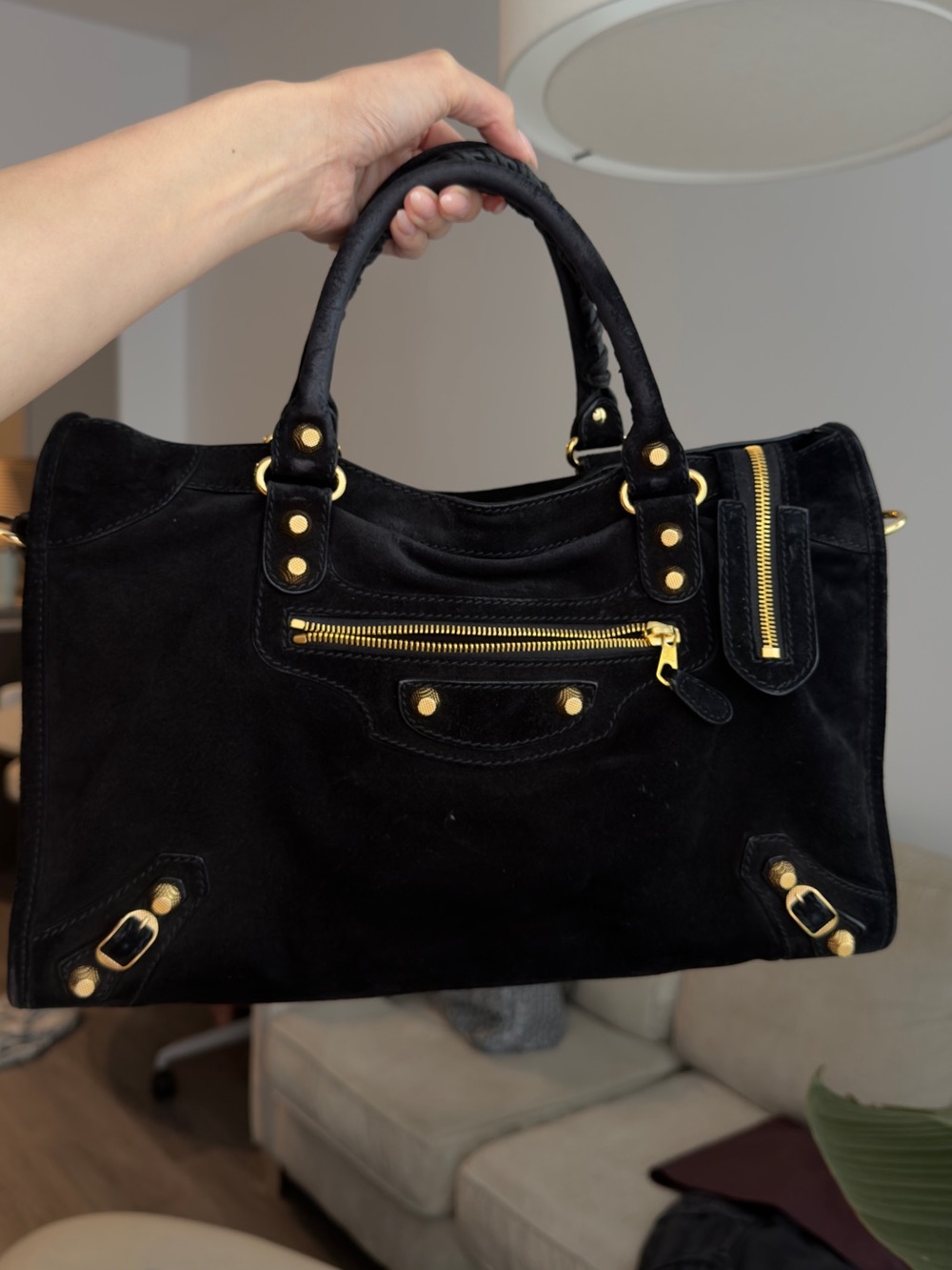 Authentic Balenciaga Black Suede CITY Bag with Gold Hardware